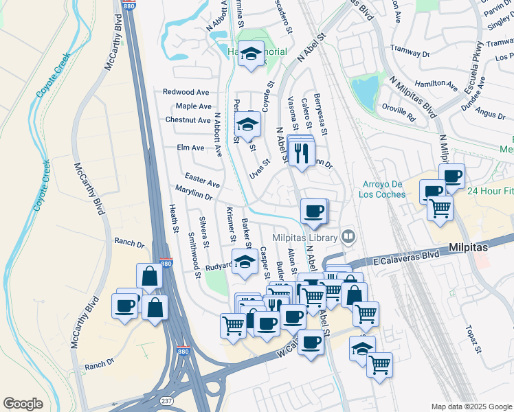 map of restaurants, bars, coffee shops, grocery stores, and more near 289 Norwich Avenue in Milpitas