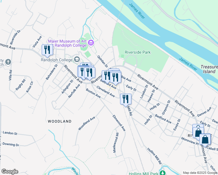 map of restaurants, bars, coffee shops, grocery stores, and more near 2303 Bedford Avenue in Lynchburg