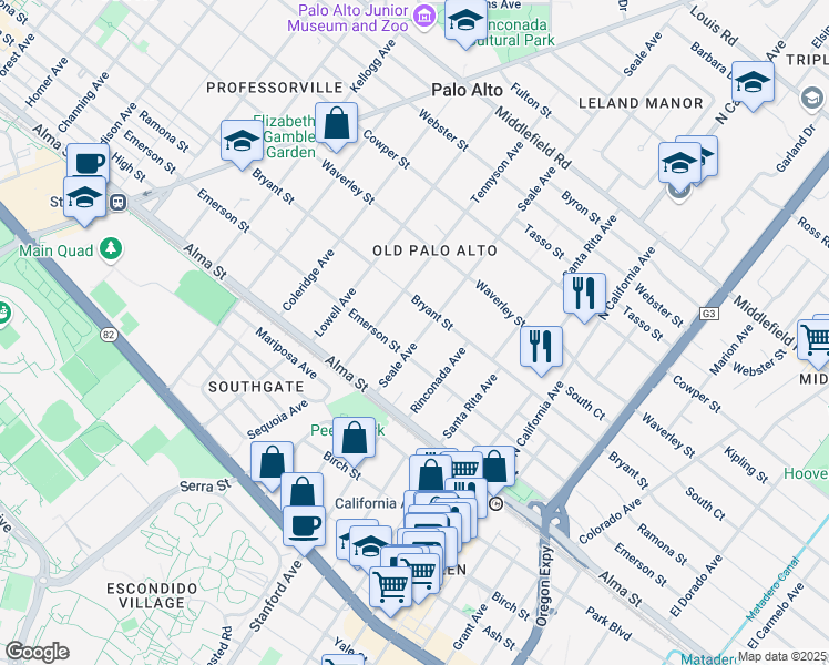map of restaurants, bars, coffee shops, grocery stores, and more near 235 Seale Avenue in Palo Alto