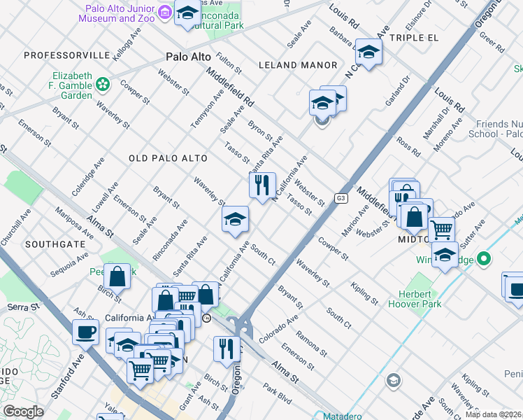 map of restaurants, bars, coffee shops, grocery stores, and more near 453 North California Avenue in Palo Alto
