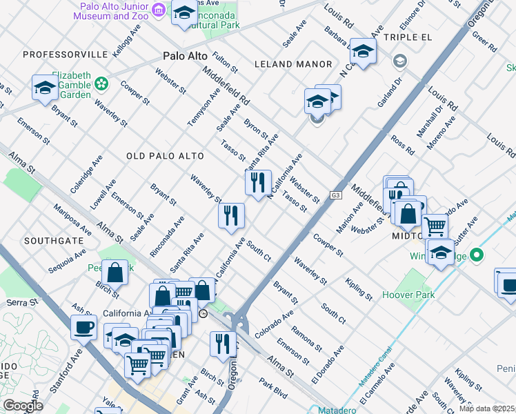 map of restaurants, bars, coffee shops, grocery stores, and more near 453 North California Avenue in Palo Alto