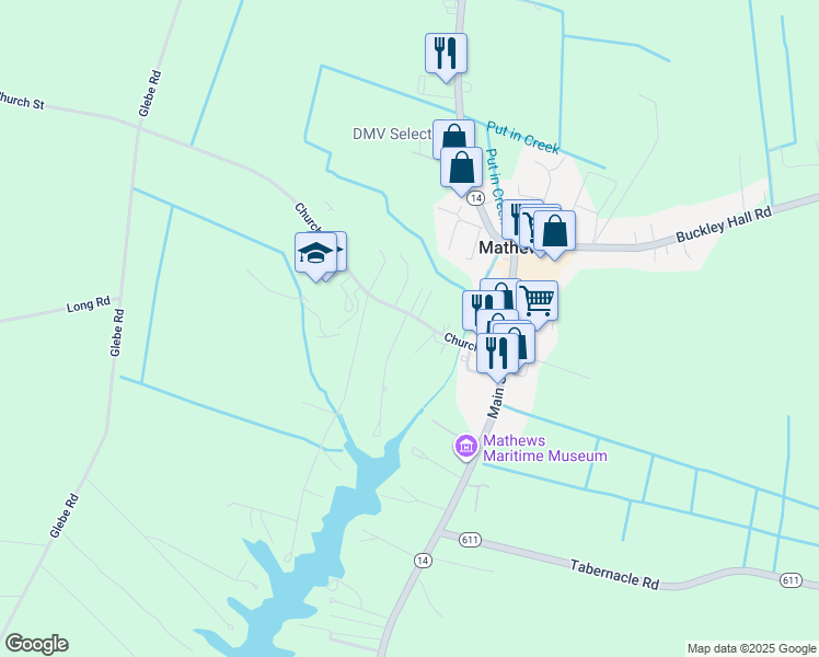 map of restaurants, bars, coffee shops, grocery stores, and more near 215 Church Street in Mathews