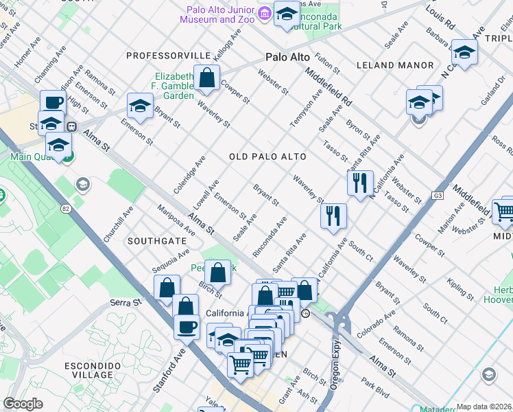 map of restaurants, bars, coffee shops, grocery stores, and more near 216 Seale Avenue in Palo Alto