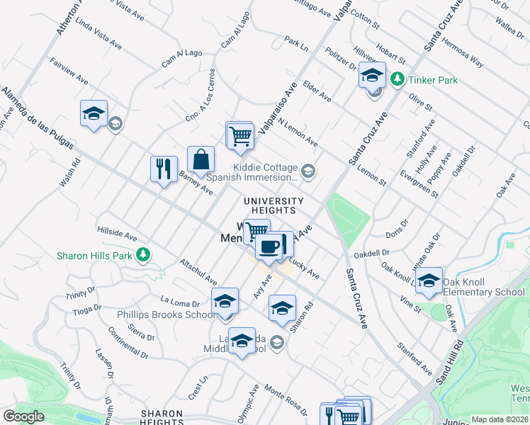 map of restaurants, bars, coffee shops, grocery stores, and more near 2021 Ashton Avenue in Menlo Park