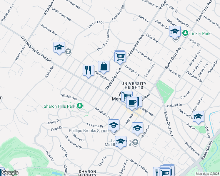 map of restaurants, bars, coffee shops, grocery stores, and more near 2061 Valparaiso Avenue in Menlo Park