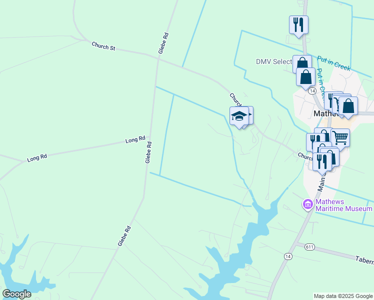 map of restaurants, bars, coffee shops, grocery stores, and more near 1309 Glebe Road in Mathews