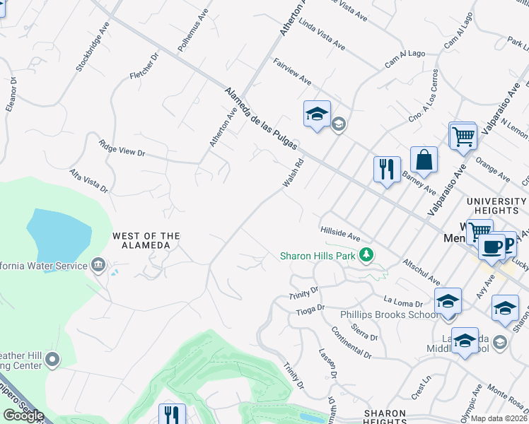 map of restaurants, bars, coffee shops, grocery stores, and more near 345 Walsh Road in Atherton