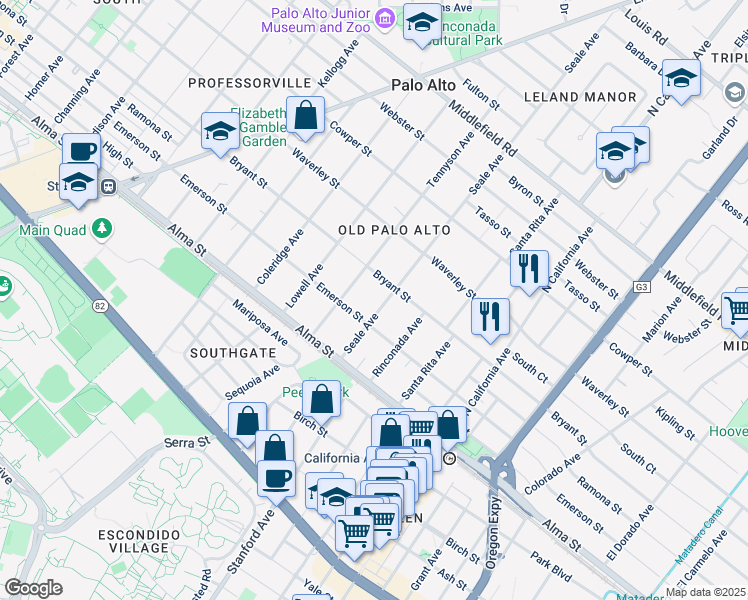 map of restaurants, bars, coffee shops, grocery stores, and more near 235 Seale Avenue in Palo Alto