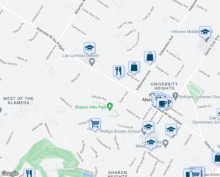 map of restaurants, bars, coffee shops, grocery stores, and more near 2140 Monterey Avenue in Menlo Park
