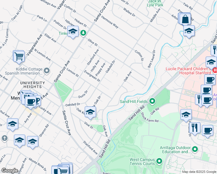 map of restaurants, bars, coffee shops, grocery stores, and more near 520 Grace Drive in Menlo Park