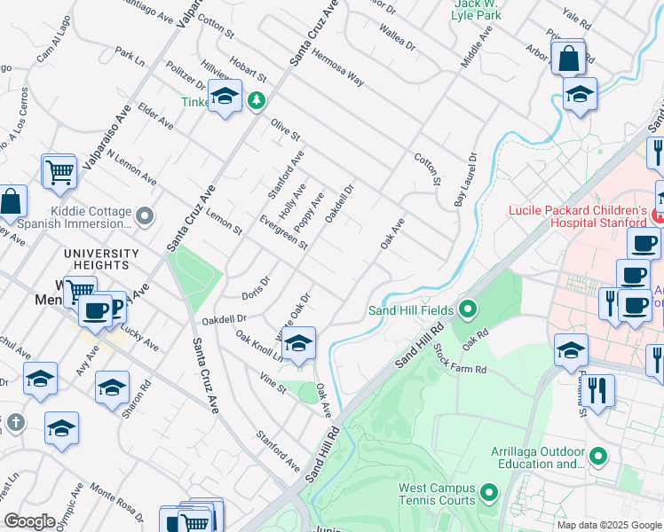 map of restaurants, bars, coffee shops, grocery stores, and more near 520 Grace Drive in Menlo Park