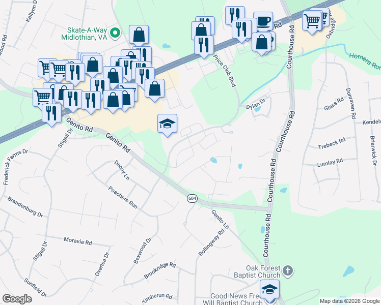 map of restaurants, bars, coffee shops, grocery stores, and more near 4123 Mallard Landing Circle in Midlothian