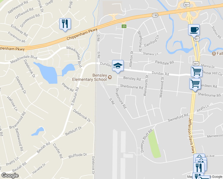 map of restaurants, bars, coffee shops, grocery stores, and more near 6700 Strathmore Road in Richmond