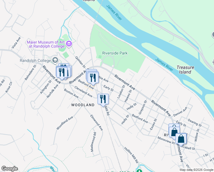map of restaurants, bars, coffee shops, grocery stores, and more near 2216 Early Street in Lynchburg