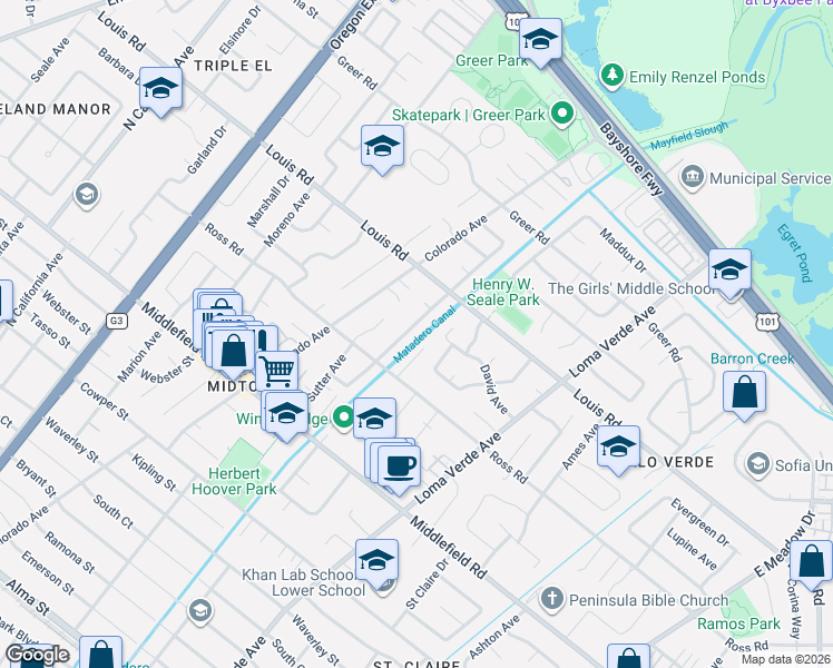 map of restaurants, bars, coffee shops, grocery stores, and more near 825 Wintergreen Way in Palo Alto