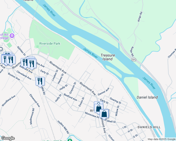 map of restaurants, bars, coffee shops, grocery stores, and more near 108 Fredonia Avenue in Lynchburg