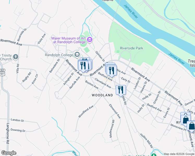 map of restaurants, bars, coffee shops, grocery stores, and more near 231 Cleveland Avenue in Lynchburg