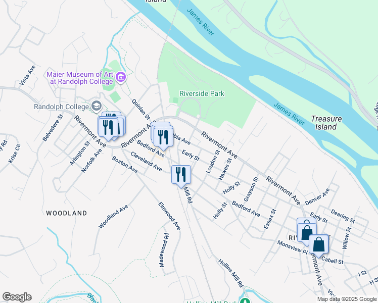 map of restaurants, bars, coffee shops, grocery stores, and more near 2214 Early Street in Lynchburg