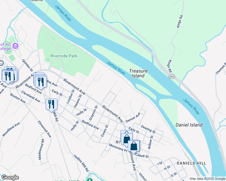 map of restaurants, bars, coffee shops, grocery stores, and more near 108 Fredonia Avenue in Lynchburg