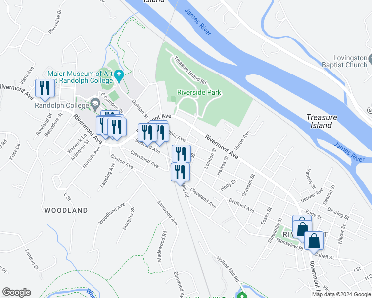 map of restaurants, bars, coffee shops, grocery stores, and more near 2214 Early Street in Lynchburg