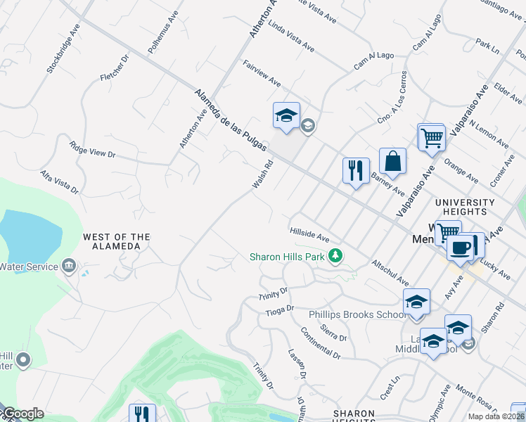 map of restaurants, bars, coffee shops, grocery stores, and more near 331 Walsh Road in Atherton