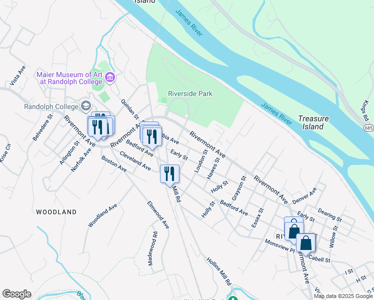 map of restaurants, bars, coffee shops, grocery stores, and more near 2207 Columbia Avenue in Lynchburg