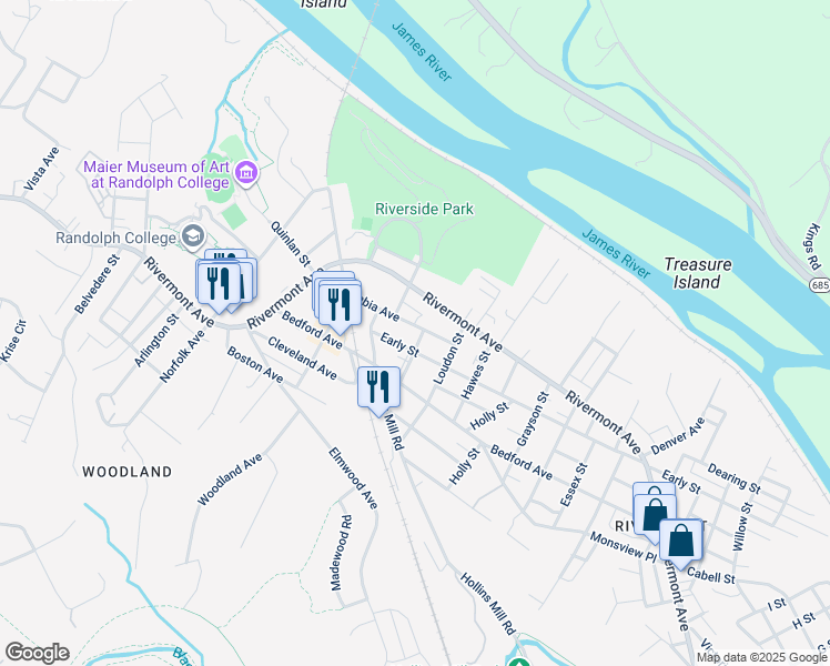 map of restaurants, bars, coffee shops, grocery stores, and more near 2207 Columbia Avenue in Lynchburg