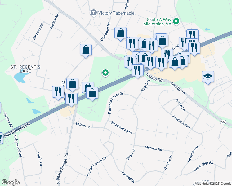map of restaurants, bars, coffee shops, grocery stores, and more near 4118 Frederick Farms Drive in Midlothian