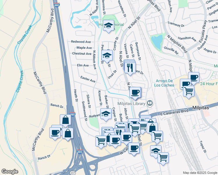 map of restaurants, bars, coffee shops, grocery stores, and more near 289 Norwich Avenue in Milpitas