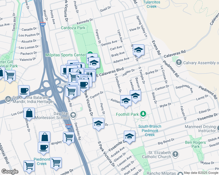 map of restaurants, bars, coffee shops, grocery stores, and more near 155 Carnegie Drive in Milpitas