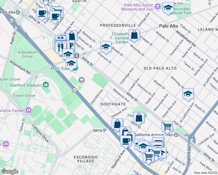 map of restaurants, bars, coffee shops, grocery stores, and more near 339 Manzanita Avenue in Palo Alto
