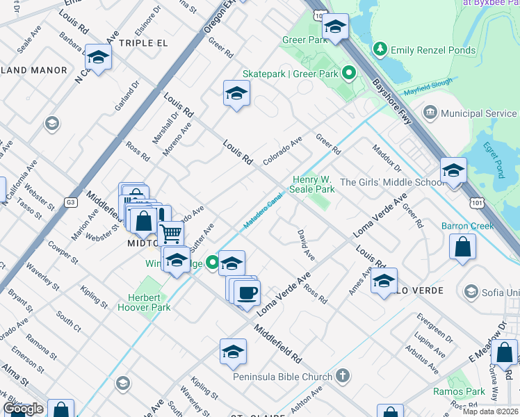 map of restaurants, bars, coffee shops, grocery stores, and more near 825 Wintergreen Way in Palo Alto