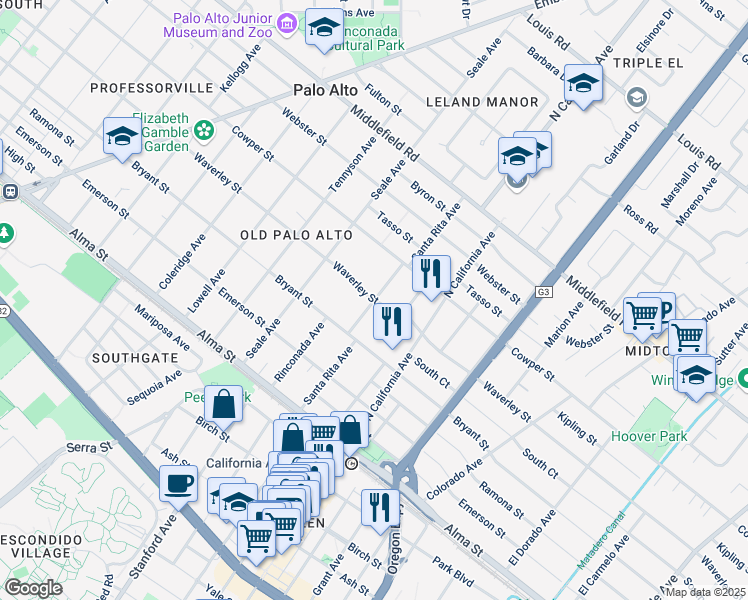 map of restaurants, bars, coffee shops, grocery stores, and more near Waverley Street & Santa Rita Avenue in Palo Alto