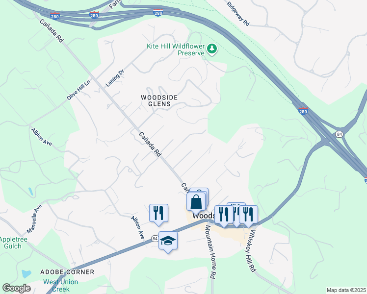 map of restaurants, bars, coffee shops, grocery stores, and more near 1367 Cañada Road in Woodside