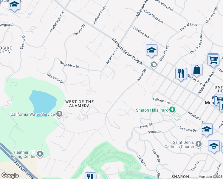 map of restaurants, bars, coffee shops, grocery stores, and more near 358 Walsh Road in Atherton