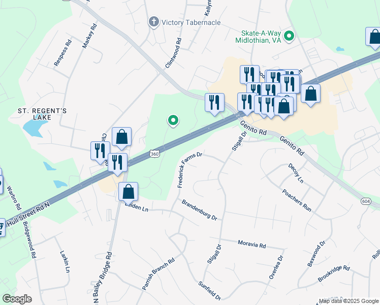 map of restaurants, bars, coffee shops, grocery stores, and more near 4118 Frederick Farms Drive in Midlothian