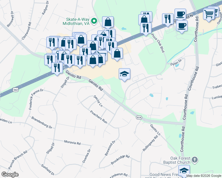 map of restaurants, bars, coffee shops, grocery stores, and more near 10800 Genito Road in Chesterfield