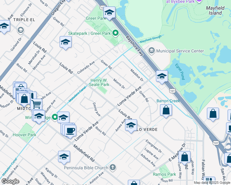 map of restaurants, bars, coffee shops, grocery stores, and more near 3161 Stockton Place in Palo Alto