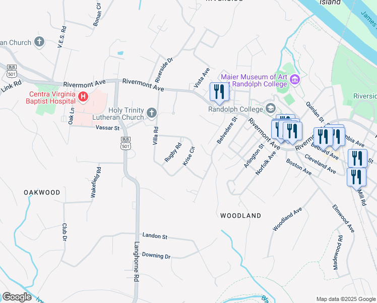 map of restaurants, bars, coffee shops, grocery stores, and more near 1253 Krise Circle in Lynchburg