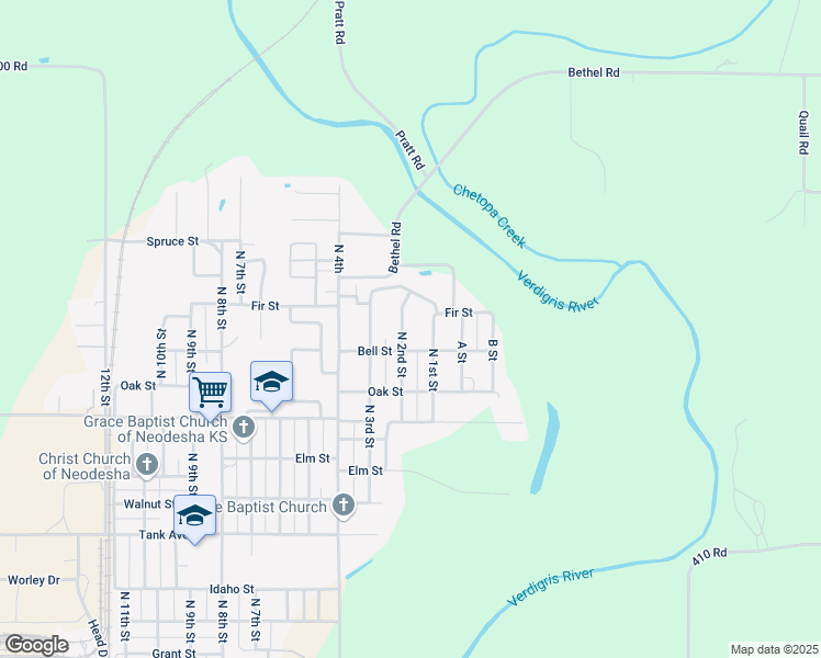 map of restaurants, bars, coffee shops, grocery stores, and more near 106 McCartney Lane in Neodesha