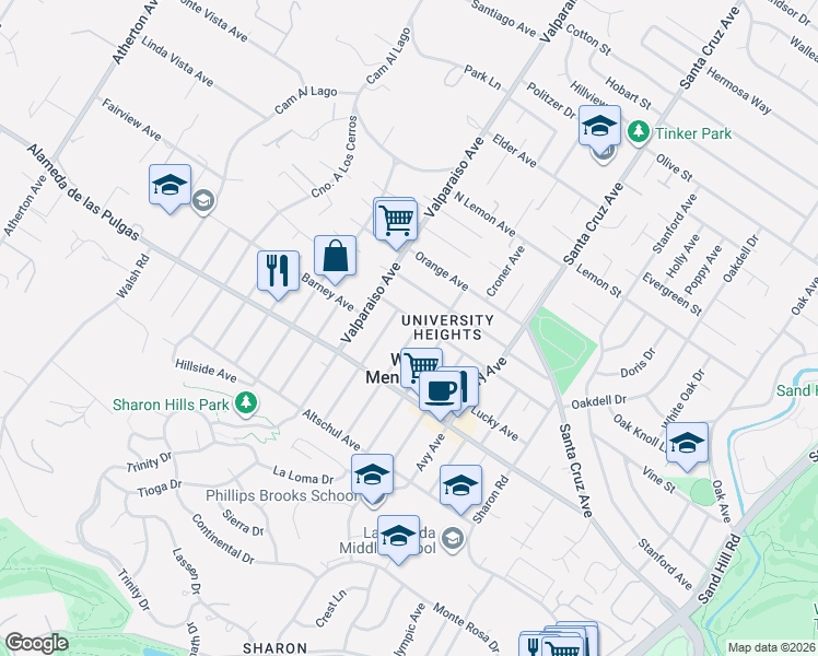 map of restaurants, bars, coffee shops, grocery stores, and more near 1356 Cloud Avenue in Menlo Park