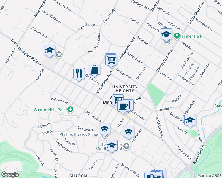 map of restaurants, bars, coffee shops, grocery stores, and more near 1356 Cloud Avenue in Menlo Park