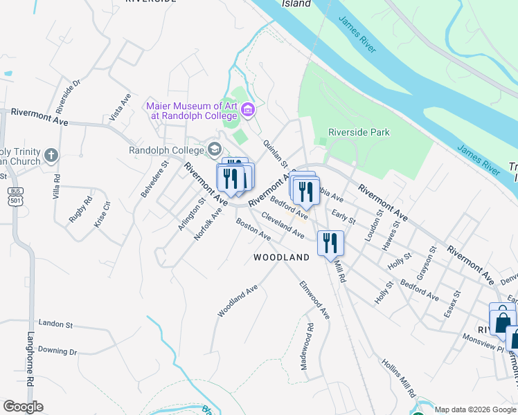 map of restaurants, bars, coffee shops, grocery stores, and more near 2472 Rivermont Avenue in Lynchburg