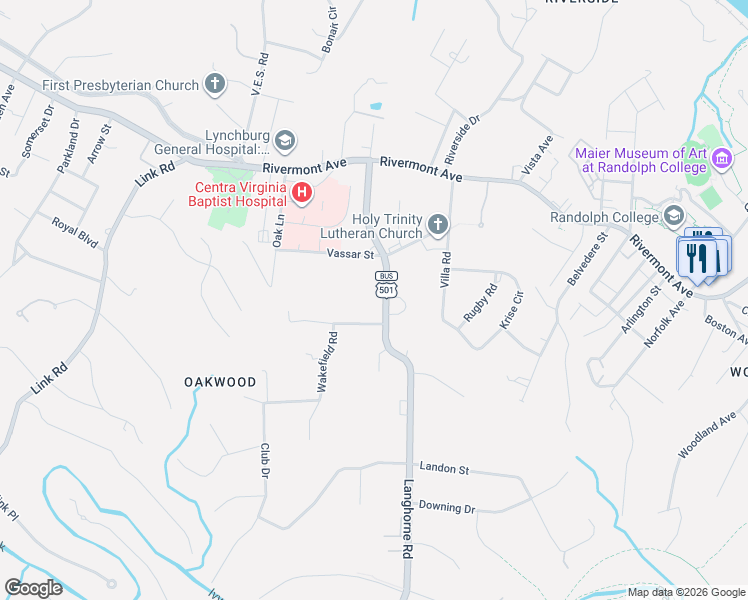 map of restaurants, bars, coffee shops, grocery stores, and more near 1215 Langhorne Rd in Lynchburg