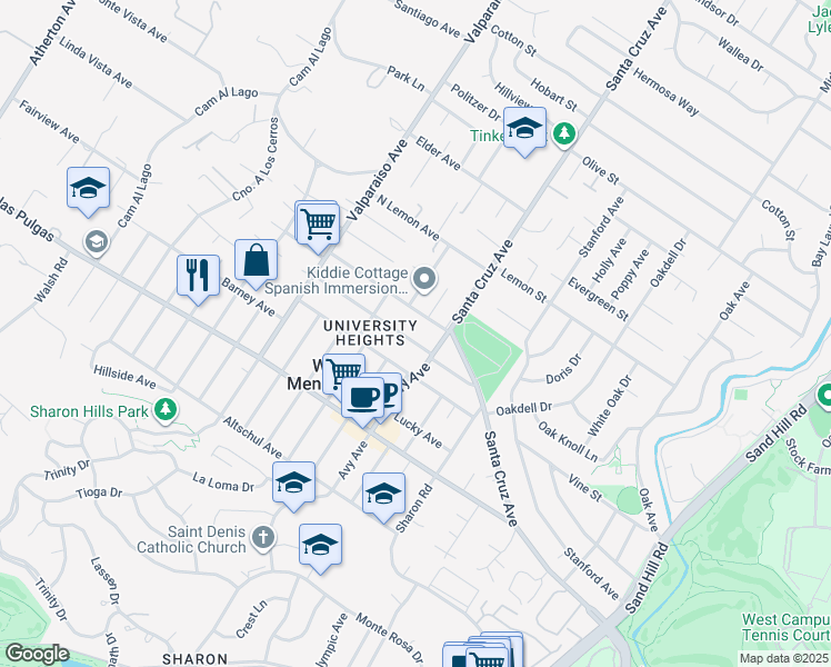 map of restaurants, bars, coffee shops, grocery stores, and more near 1231 Orange Avenue in Menlo Park