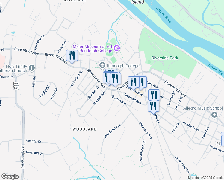 map of restaurants, bars, coffee shops, grocery stores, and more near Rivermont Avenue in Lynchburg