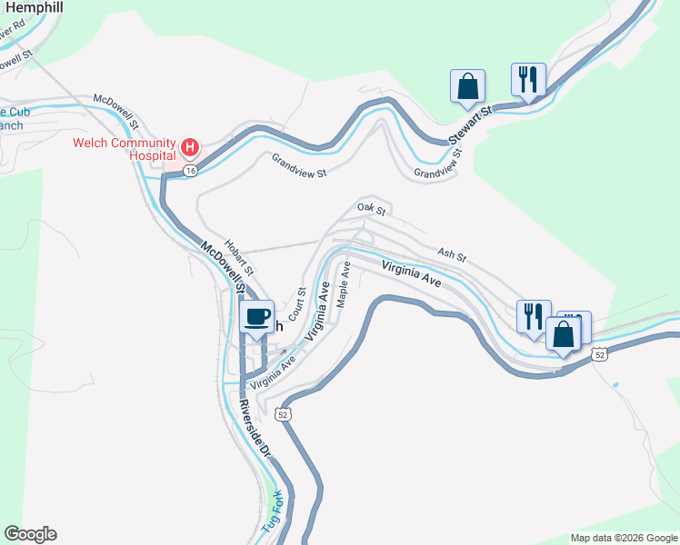 map of restaurants, bars, coffee shops, grocery stores, and more near 339-481 Virginia Ave in Welch