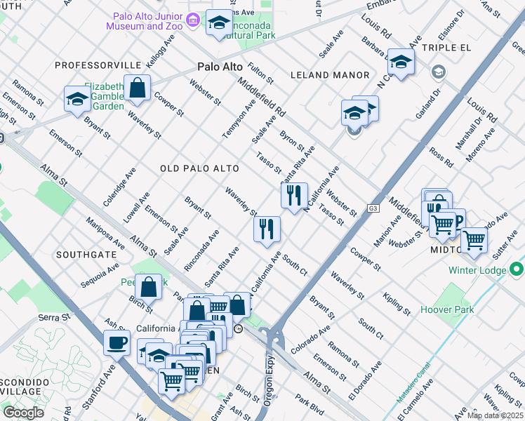 map of restaurants, bars, coffee shops, grocery stores, and more near 2101 Waverley Street in Palo Alto