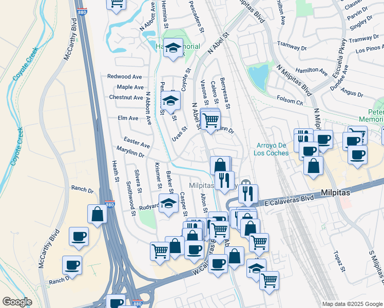 map of restaurants, bars, coffee shops, grocery stores, and more near 571 North Abel Street in Milpitas