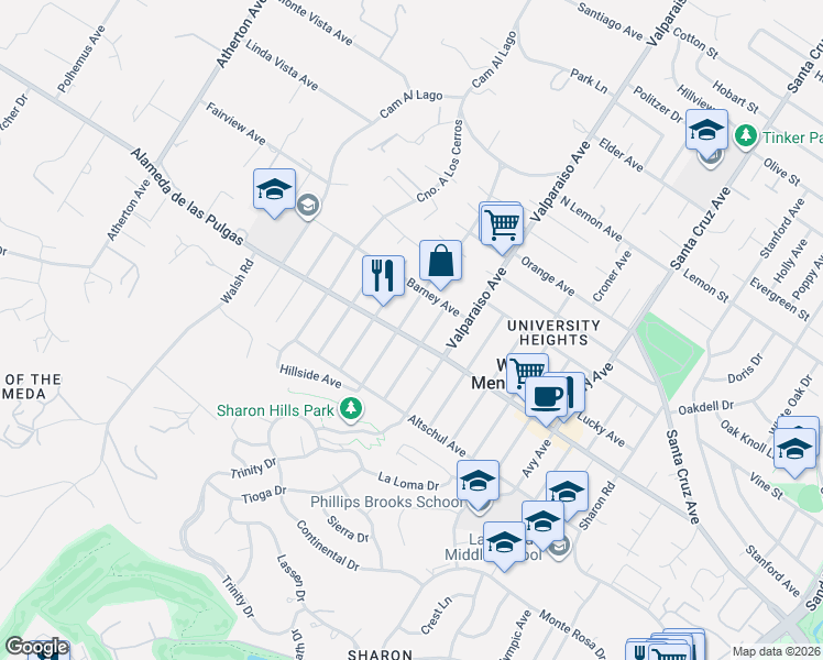map of restaurants, bars, coffee shops, grocery stores, and more near 2055 Camino De Los Robles in Menlo Park